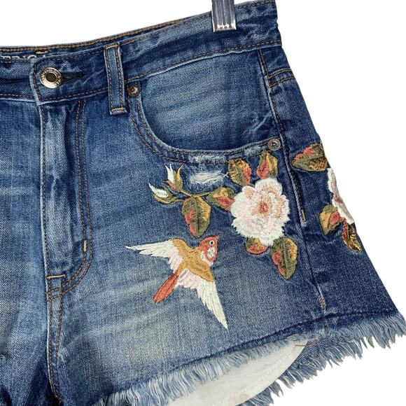 American Eagle Vintage Hi Rise Festival Jean Shorts Flowers Bird Blue Women's 4 - Picture 2 of 11